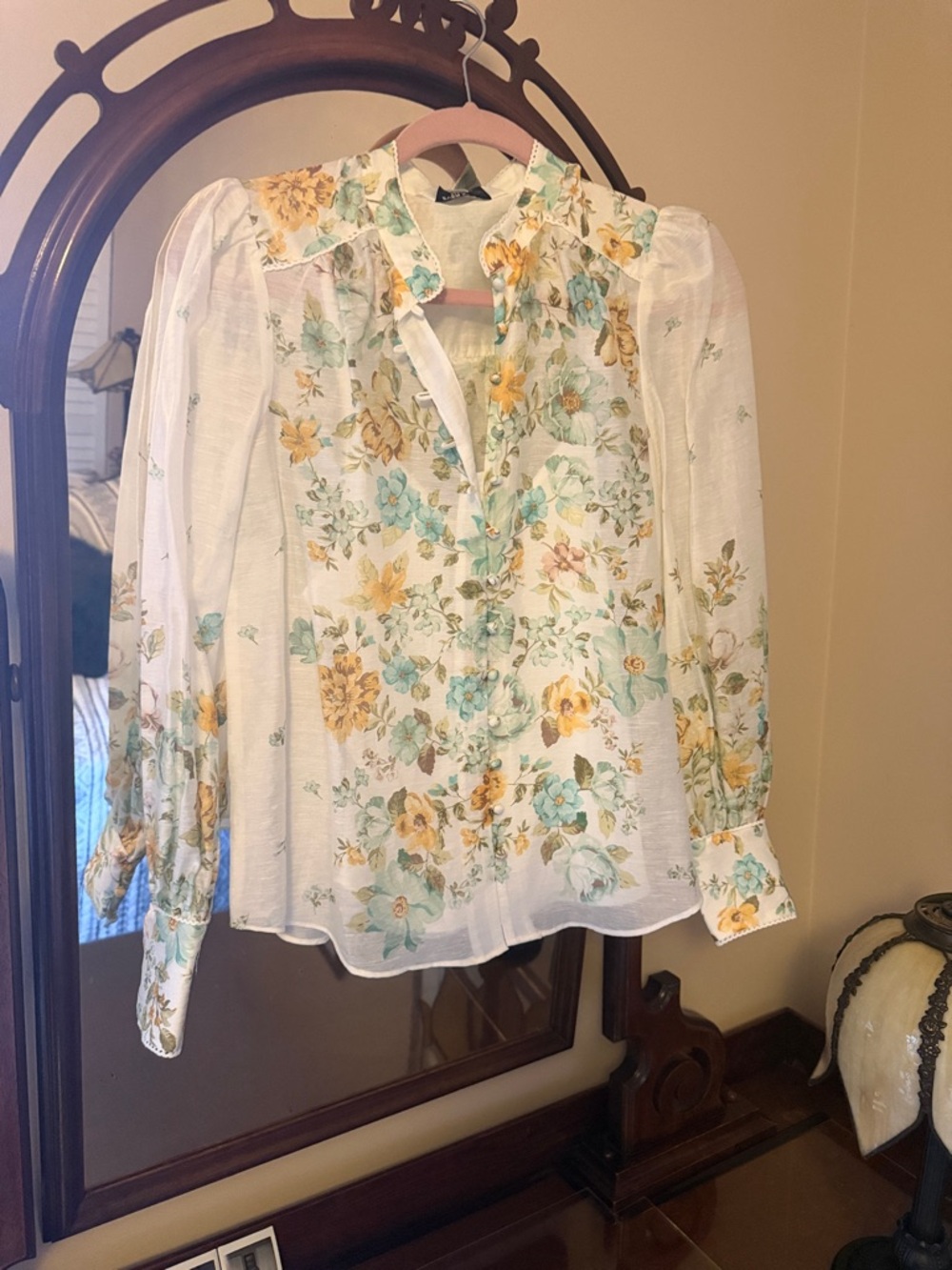 Ever New Sheer Floral Button-Front Blouse in White, Yellow and Aqua